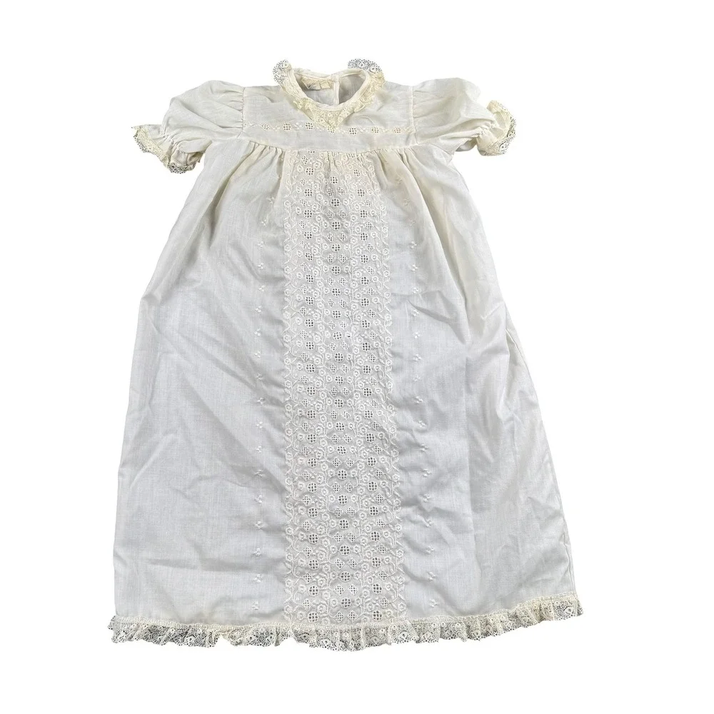 Vintage Off White Eyelet Lace Christening Gown Baptism‎ Dress Infant Baby  965